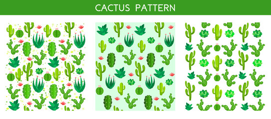 Vector seamless cactus pattern with  succulents, flowers. Trendy tropical design for textile. Vector cartoon cactus set in a flat style. © MaryDesy