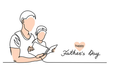 Happy Fathers day vector background, web banner, poster. Dad and kid read a book together. One continuous line drawing banner with lettering Fathers day.