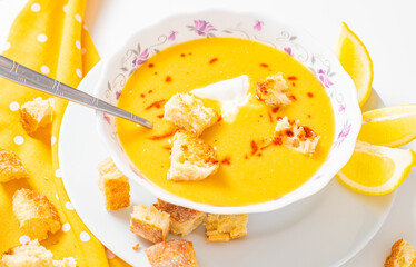 Healthy food. Plate with lentil soup food. Vegetarian pumpkin soup.