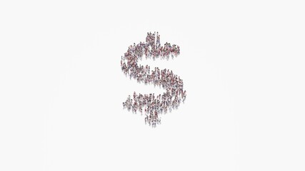 3d rendering of crowd of people in shape of symbol of dollar sign on white background isolated