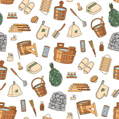 Sauna accessories - washer, broom, tub, bucket, pot and other. Bathhouse wooden accessories. Hand drawn seamless pattern. Vector illustration in doodle style on white background.