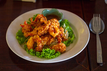 Deep fried thai squid rings on the plate with salad