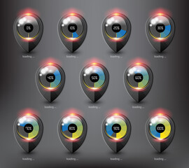 Loading spinners or progress loading bars in different loading state and percentage. Islated with realistic transparent glass shine and shadow on the black background. Vector illustration. Eps10