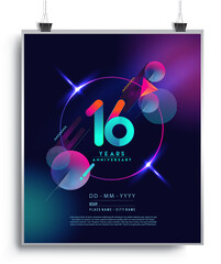 16th Years Anniversary Logo with Colorful Abstract Geometric background, Vector Design Template Elements for Invitation Card and Poster Your Birthday Celebration.