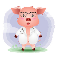 a cute little pig with doctor. Cartoon doctor pig. Vector illustration