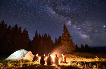 Night summer camping in the mountains, spruce forest on background, sky with stars and milky way....
