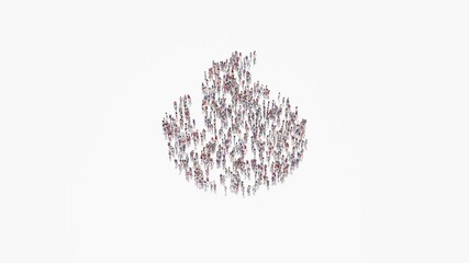 3d rendering of crowd of people in shape of symbol of fire on white background isolated