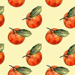 Seamless pattern with mandarins and leaves on yellow background. Drawing markers