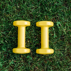Set of two yellow dumbbells on a green grass background, top view. Staying in shape. Fitness and shape. Female exercise gear. Сoncept of outdoor fitness, nobody. Digital detox.