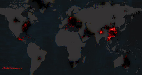 World map of spreading covid-19 coronavirus pandemic. Start of pandemic in red danger zones