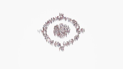 3d rendering of crowd of people in shape of symbol of gps fixed indicator on white background isolated