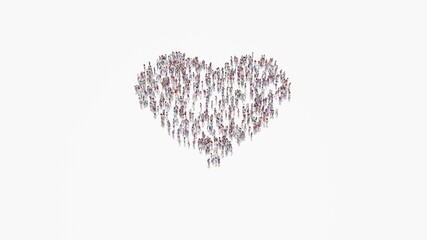 3d rendering of crowd of people in shape of symbol of heart on white background isolated