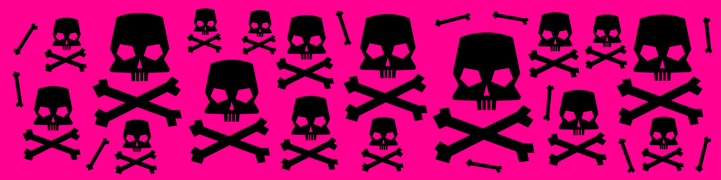 Web banner with skull and crossbones silhouettes on pink background. Vector illustration.