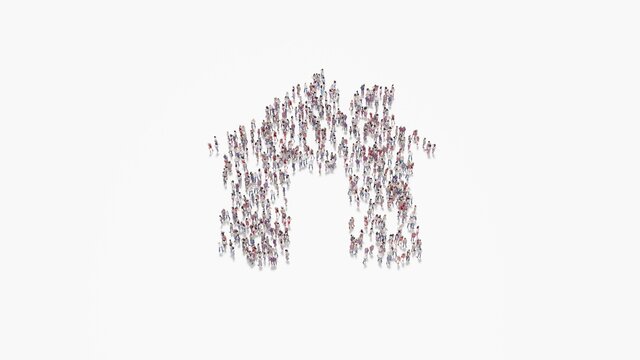 3d Rendering Of Crowd Of People In Shape Of Symbol Of Home On White Background Isolated