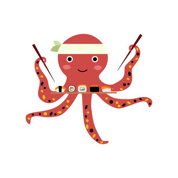 Cute little octopus eating asian food - sushi and roll set from the plate. Vector illustration of kawaii sea animal degusting japanese traditional dishes. Flat design for menu, prints or souvenirs