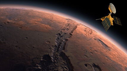 Mars Reconnaissance Orbiter, MRO orbiting Mars. Mars Planet Rotating in the outer space.Traveling to the red planet Mars in space. Elements of this video furnished by NASA. 3d rendring. - obrazy, fototapety, plakaty