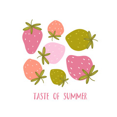 Colored vector strawberry set isolated on white background. Hand-drawn decorative lettering 