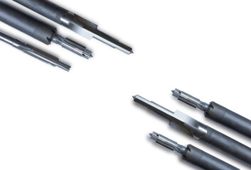 reamer drill special tools. Cutting edge right hand. Material carbide+steel. Isolated on white background. Make holes part automotive. Drilling metal steel cast iron Aluminum stainless