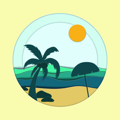 Fototapeta na wymiar Paper sea waves, beach, palm. 3d paper cut deep style vector. Marine life. Origami style with wavy lines. Summer. Relax.