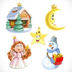 Vintage Christmas toys decorations house, fairy, moon, star and snowman