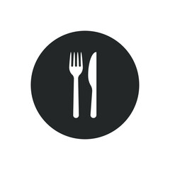 Fork and knife icon logo. Simple flat shape restaurant or cafe place sign. Kitchen and diner menu symbol. Vector illustration image. isolated on white background.