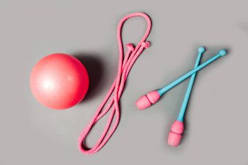 Colorful mace, rope and ball for gymnastics. Professional equipment for gymnastics workout.