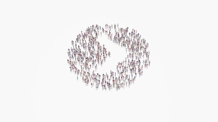 3d rendering of crowd of people in shape of symbol of chevron circle right on white background isolated