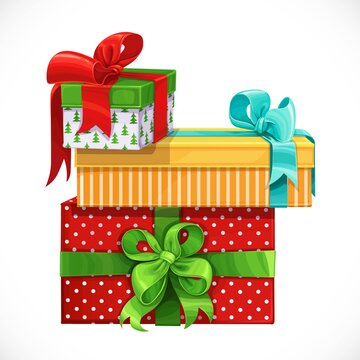 Pile of Holiday gifts in boxes with bows isolated on a white background