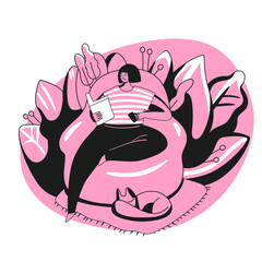 Girl sitting in armchair, reading a book, drinking a coffee with cat aroud. Cozy vector illustration of reading woman in a chair, spending time for herself. Time for yourself concept