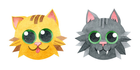 Set of cute cats. Black, yellow cat with green eyes. Cartoon funny kittens. Hand-drawn watercolor illustrations on a white background. For postcards, prints, children's design, pet stores, stickers.