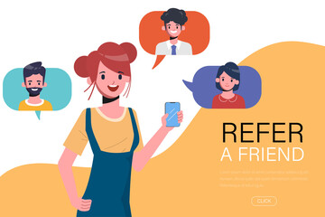 Young woman have refer a friend with smartphone. Web landing page refer friend concept.