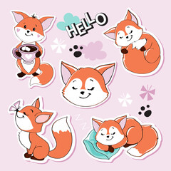 Beautiful fox collection on pink background. Fashion patch badges