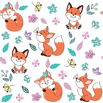 Beautiful red fox on a white background seamless pattern on a white background