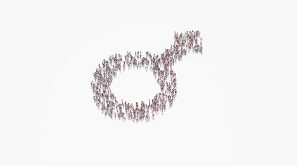 3d rendering of crowd of people in shape of symbol of mars on white background isolated