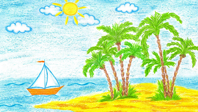 Colored pencils drawing, Tropical island and sailing boat in the sea