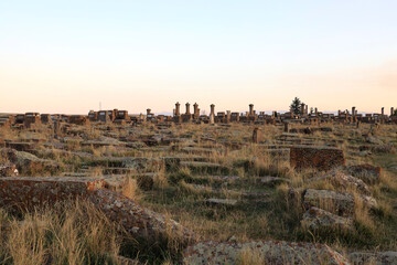 Obraz premium Noratus cemetery at Sevan lake in Armenia, Asia