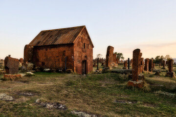 Fototapeta na wymiar Noratus cemetery at Sevan lake in Armenia, Asia