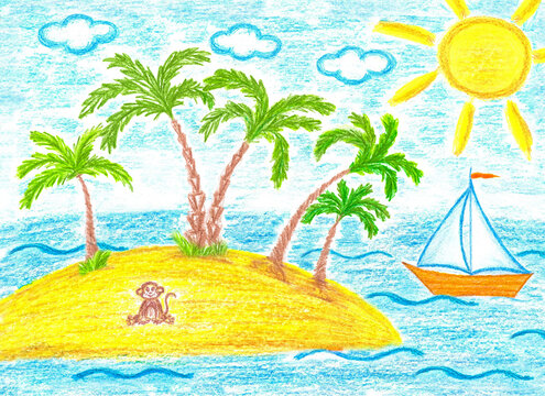 Pencils drawing , Monkey on the palms island and boat in the sea,  colored pencils picture