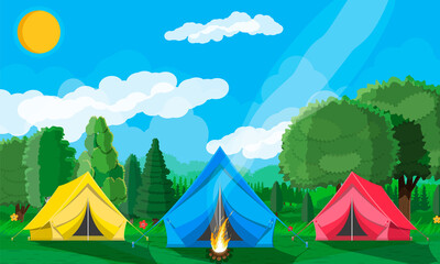 Meadow with grass and camping. Tents and campfire. Summer landscape concept. Green forest and blue sky. Countryside rolling hills. Hills, flowers trees on the horizon. Vector illustration flat style