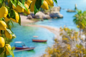 Bunches of yellow ripe lemons with green leaves. Narrow path connects island to Taormina beach in azure waters of Ionian Sea, Sicily, Italy.