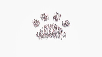 3d rendering of crowd of people in shape of symbol of paw on white background isolated