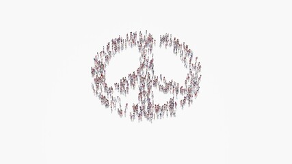 3d rendering of crowd of people in shape of symbol of peace on white background isolated