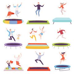 People Bouncing on Trampoline, Happy Men, Women and Kids Having Fun Together, Active Healthy Lifestyle Flat Style Vector Illustration