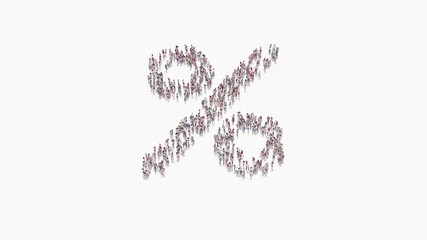 3d rendering of crowd of people in shape of symbol of percent on white background isolated