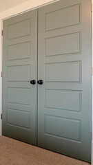 Fototapeta premium Vertical Close up of double doors with panels and matte black door knobs