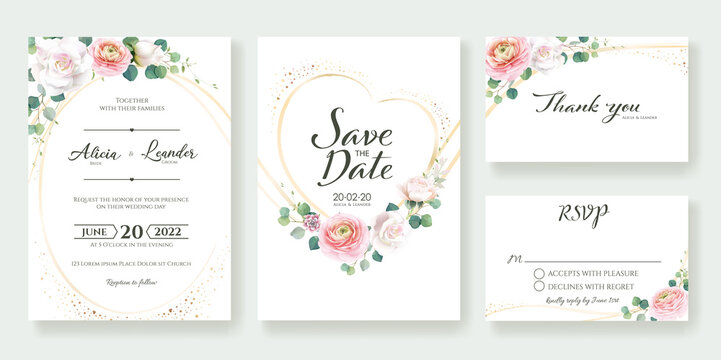 Set of floral Wedding Invitation, save the date, thank you, rsvp card Design template. Vector.