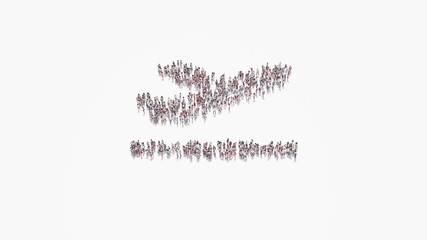 3d rendering of crowd of people in shape of symbol of plane departure on white background isolated