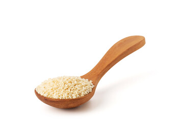 Sesame seed in wooden spoon on white background with clipping path