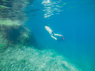 man in underwater in flippers looking at sea bottom