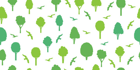Seamless pattern from silhouettes of green trees and birds. Ecological concept and environment conservation.